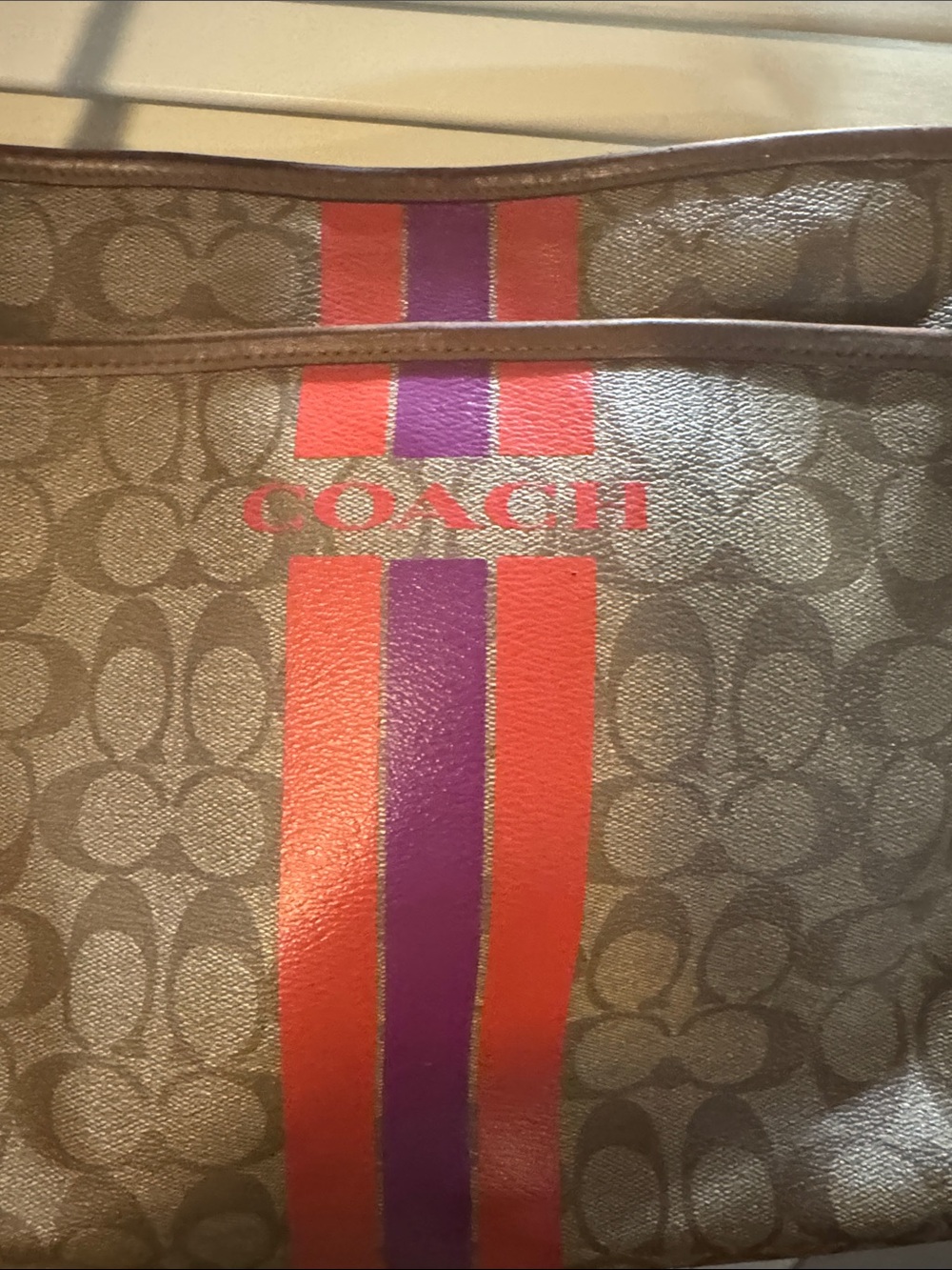 Coach Monogram Crossbody with Red and Pink Center Stripe